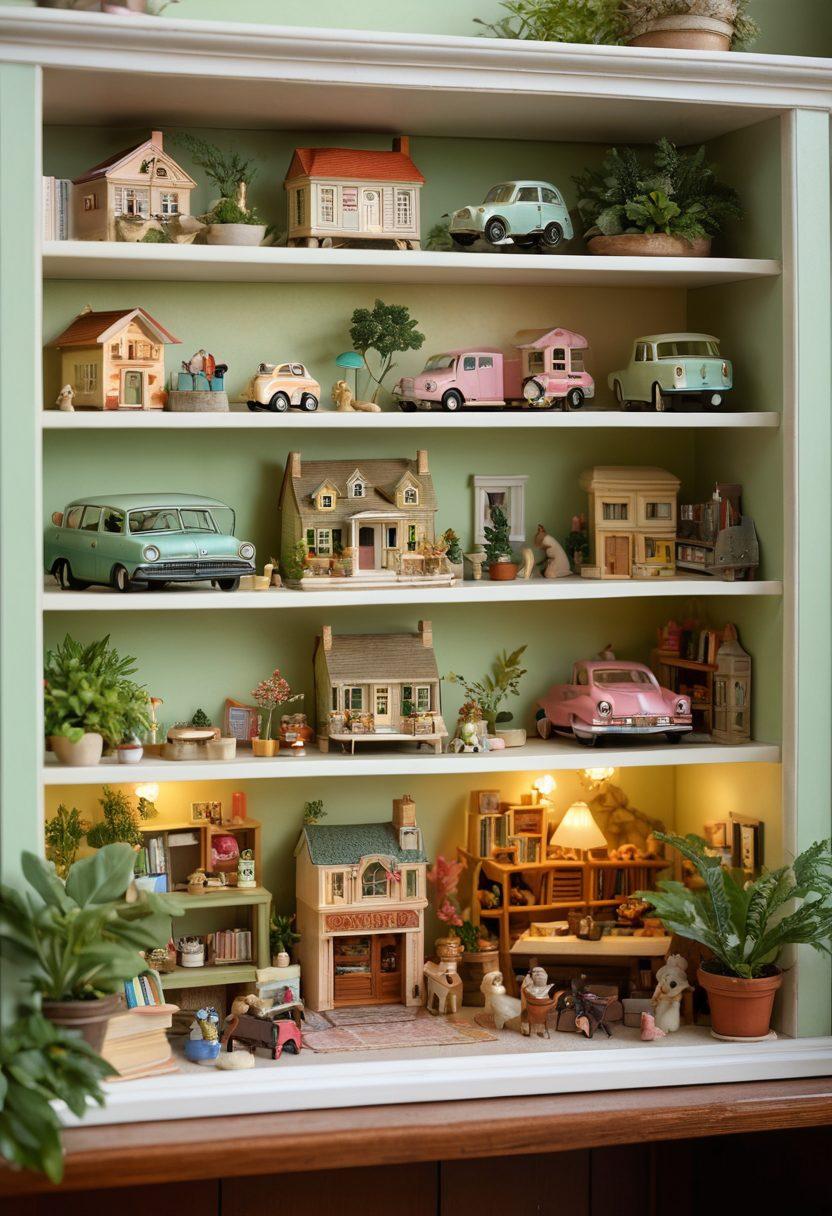 A whimsical display of tiny toy collectibles, arranged in a charming vintage-style setting with soft pastel colors. Include various miniature figures like dollhouses, action figures, and stuffed animals, with subtle sparkles and a warm glow around them. The background should feature a cozy shelf filled with books and plants, adding to the inviting atmosphere. super-realistic. vibrant colors. cozy ambiance.