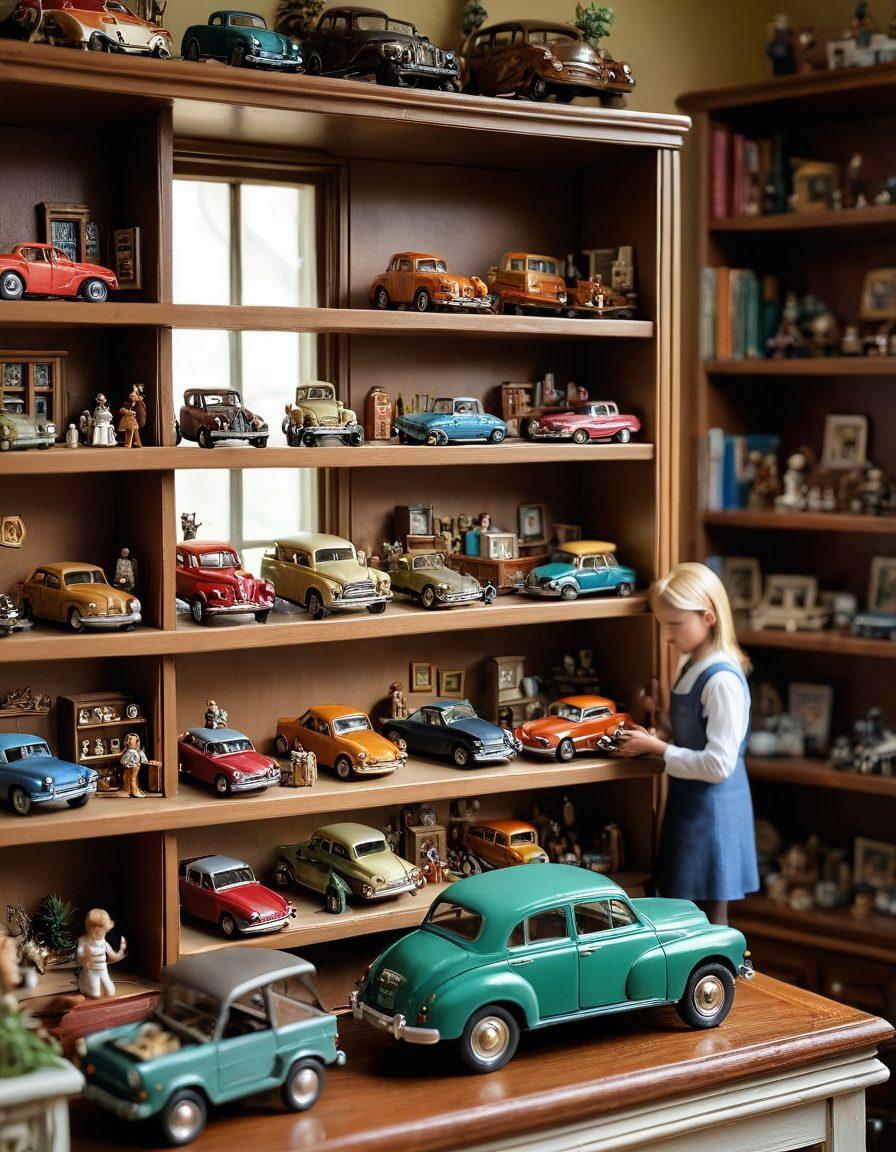 A whimsical display of beautifully crafted miniatures, showcasing a variety of charming collectibles and toys like tiny figurines, vintage cars, and delicate dollhouses. The scene is set in a cozy, sunlit room filled with shelves overflowing with colorful miniatures, with soft shadows adding depth. A curious child and an adult collector admire the collection together, radiating joy and nostalgia. The atmosphere is magical and inviting, beckoning viewers to explore the fascinating world of miniatures. vibrant colors. super-realistic. cozy ambiance.