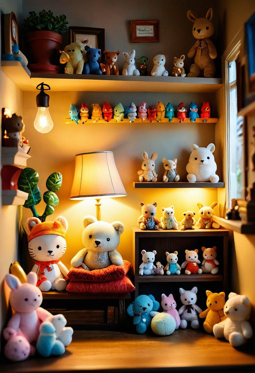 A whimsical arrangement of colorful figurines and plushies nestled in a cozy, inviting space, featuring soft textures and playful designs. Surround the treasures with warm lighting and gentle shadows to evoke a sense of nostalgia and wonder. Include delicate details like tiny accessories and vibrant patterns to highlight their charm. The background should be softly blurred to keep the focus on the small treasures. super-realistic. vibrant colors. cozy atmosphere.